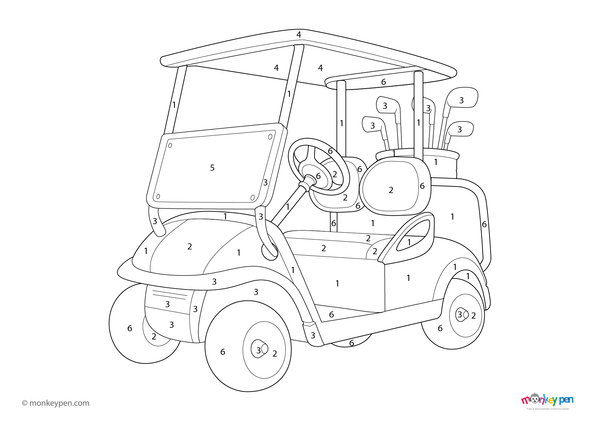 A simple and engaging color-by-number image of a golf cart, perfect for preschoolers; available as a free downloadable PDF coloring activity