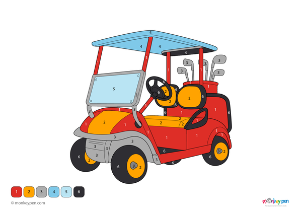 A simple and engaging color-by-number image of a golf cart, perfect for preschoolers; available as a free downloadable PDF coloring activity
