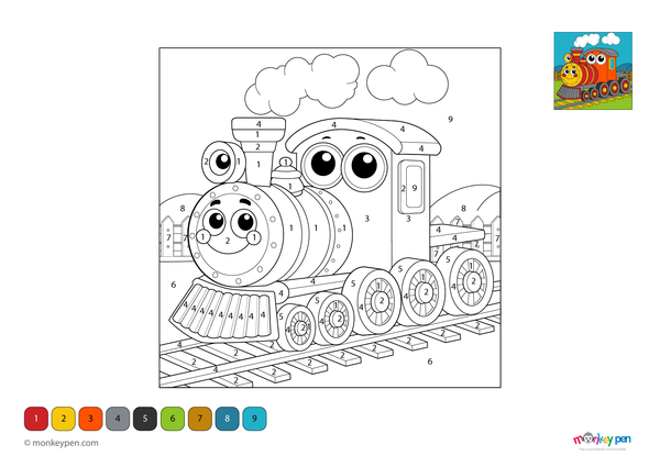 A classic train on tracks illustrated in this fun color-by-number PDF, free to download and ideal for helping preschoolers practice number recognition through coloring.