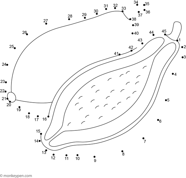 Child-friendly dot-to-dot activity illustrating a cartoon papaya with seeds and leaves to connect and color.