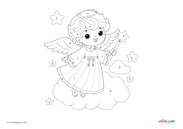 Color-by-number worksheet of an angel holding a magic wand – free download for kids to color wings, gown, and stars.
