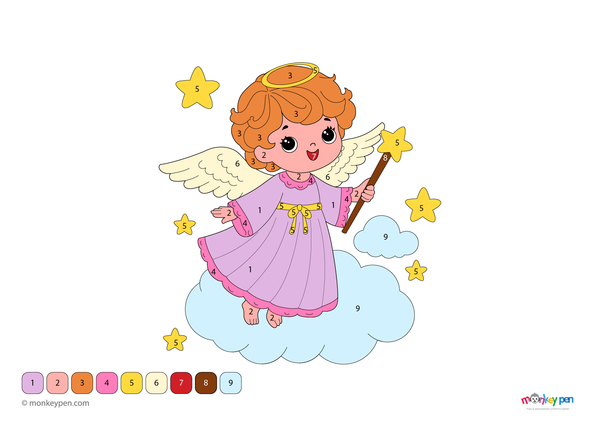 Color-by-number worksheet of an angel holding a magic wand – free download for kids to color wings, gown, and stars.