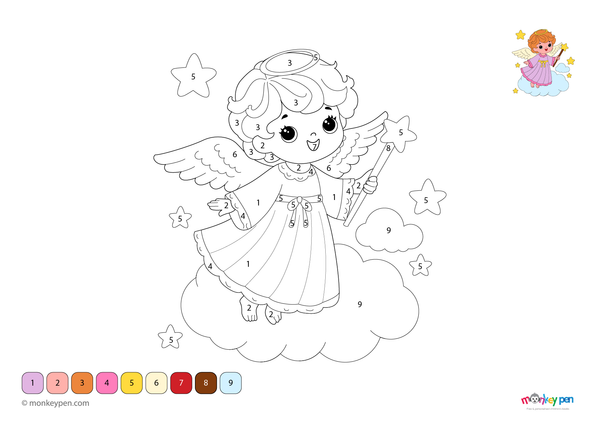 Color-by-number worksheet of an angel holding a magic wand – free download for kids to color wings, gown, and stars.