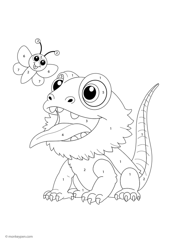 A fun, free download of a bearded dragon color-by-number page featuring numbered sections on the lizard’s spiky tail, scales, and a fluttering butterfly—perfect for kids exploring numbers through art.