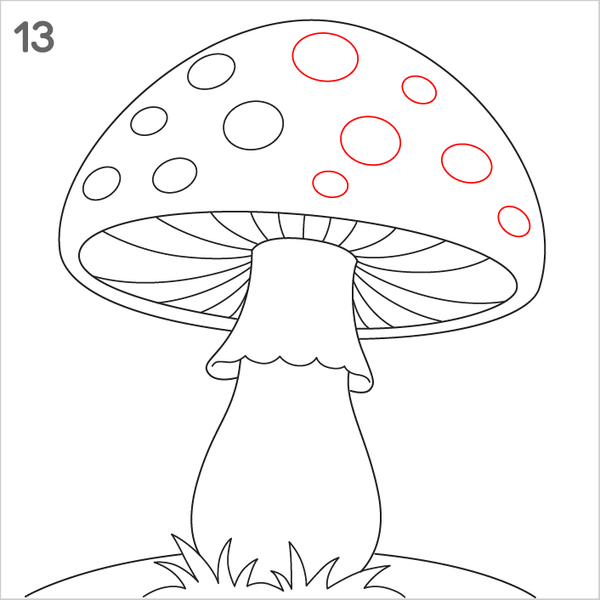 Step-by-step mushroom illustration designed for colouring practice.