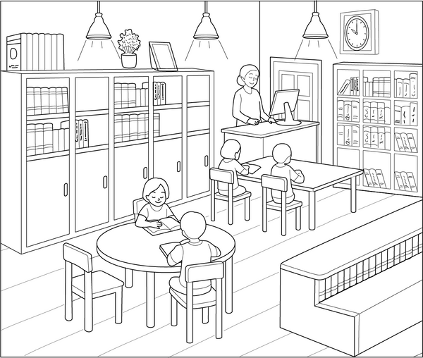Library coloring page – educational printable for children