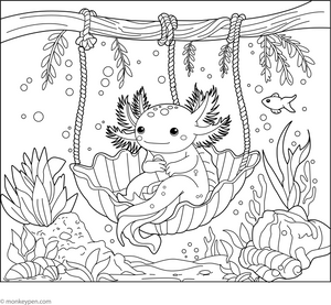 Axolotl in Seashell Swing Coloring Page – fun and educational printable for children