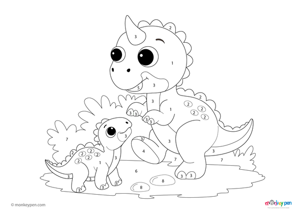 Downloadable color-by-number worksheet of baby dinosaurs playing in a prehistoric landscape.