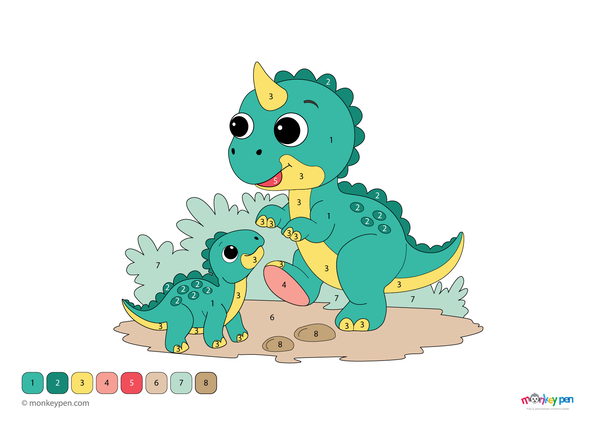 Downloadable color-by-number worksheet of baby dinosaurs playing in a prehistoric landscape.