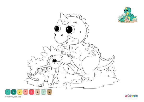 Downloadable color-by-number worksheet of baby dinosaurs playing in a prehistoric landscape.