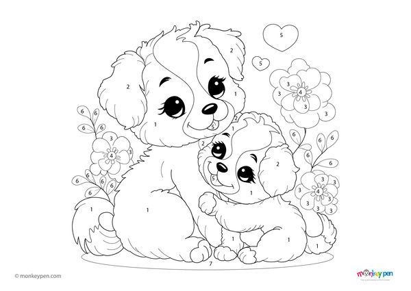 Downloadable color-by-number worksheet of cute puppies for preschoolers to color fur, paws, and background.