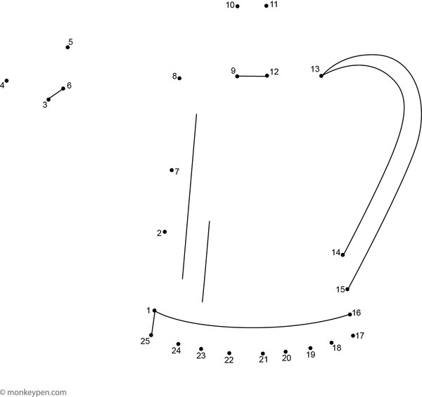 Child-friendly dot-to-dot worksheet featuring a cartoon watering can with handle and spout, for connecting and coloring.