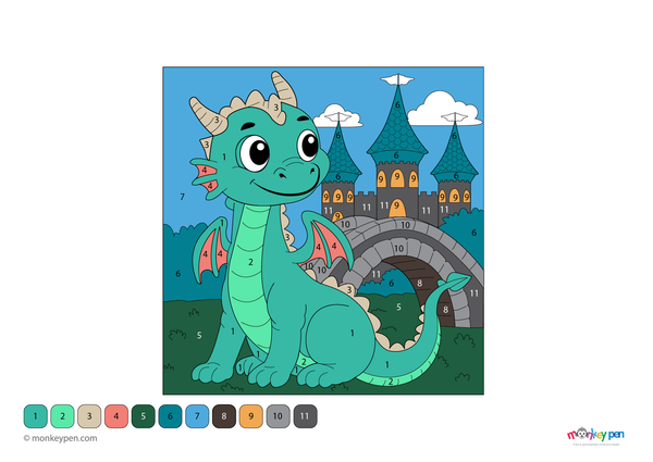 Downloadable color-by-number worksheet of a dragon guarding a medieval bridge, with numbered areas for wings, scales, and stonework.