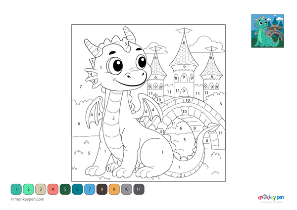 Downloadable color-by-number worksheet of a dragon guarding a medieval bridge, with numbered areas for wings, scales, and stonework.