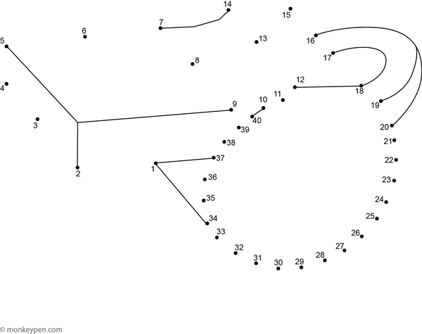 Free printable dot-to-dot worksheet of a cartoon whistle with loop, ready to connect and color.