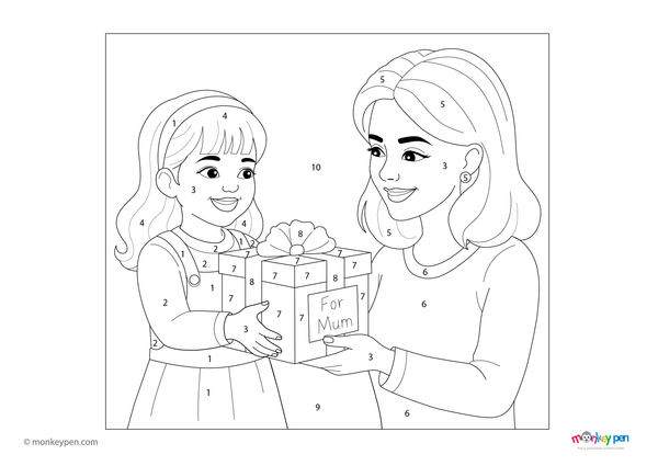 Downloadable color-by-number worksheet of a girl giving a gift to her mother, with numbered areas for outfits, gift, and background.