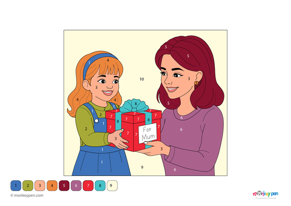 Downloadable color-by-number worksheet of a girl giving a gift to her mother, with numbered areas for outfits, gift, and background.