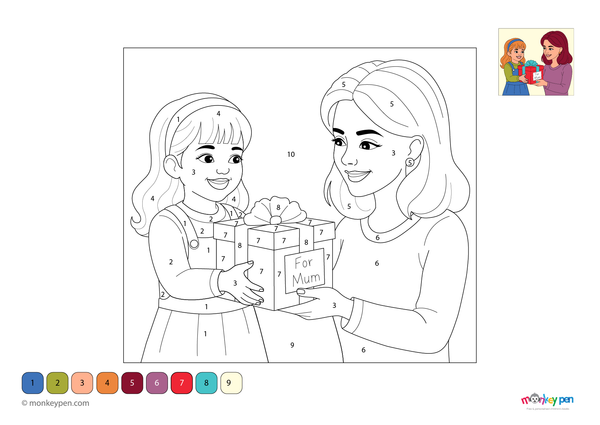 Downloadable color-by-number worksheet of a girl giving a gift to her mother, with numbered areas for outfits, gift, and background.