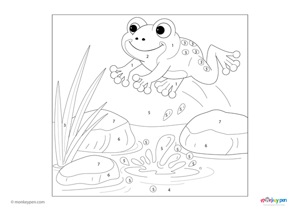 Color-by-number worksheet of a jumping frog in a pond scene – free download for kids to color the frog and water surroundings.