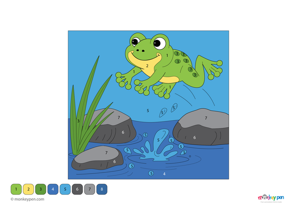 Color-by-number worksheet of a jumping frog in a pond scene – free download for kids to color the frog and water surroundings.