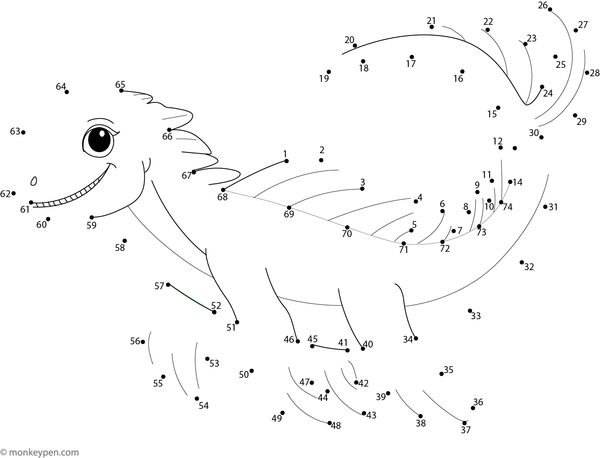 Child-friendly dot-to-dot worksheet of a cartoon mosasaurus swimming, to connect and color.