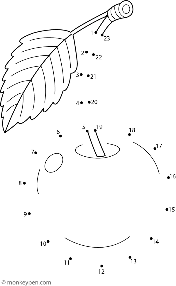 Printable dot-to-dot worksheet featuring cherry with a leaf for children to connect and color.