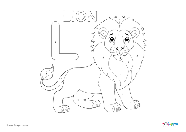 Downloadable color-by-number worksheet of a majestic lion with numbered areas for mane, fur, and wilderness background.