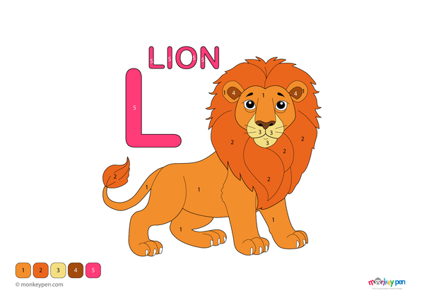 Downloadable color-by-number worksheet of a majestic lion with numbered areas for mane, fur, and wilderness background.