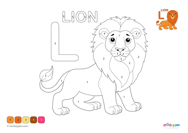 Downloadable color-by-number worksheet of a majestic lion with numbered areas for mane, fur, and wilderness background.