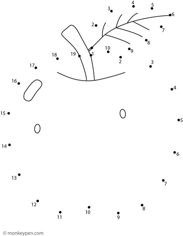 Printable dot-to-dot worksheet of a cartoon-style apple with a leaf for children to connect and color.