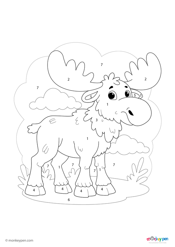 Color-by-number worksheet of a gentle moose in a forest scene – free download for preschoolers to color antlers, fur, and trees.