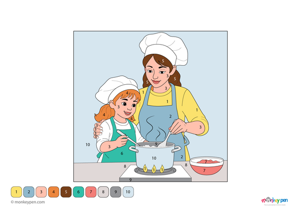 Downloadable color-by-number worksheet of a mom and child spending time together in a kitchen, with numbered areas for clothing, faces, and background.