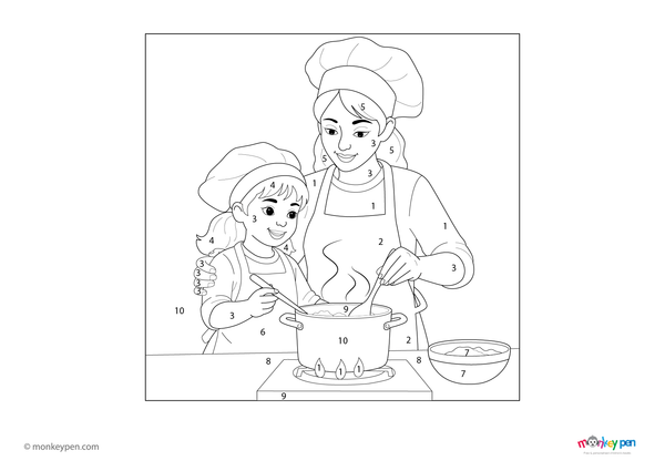 Downloadable color-by-number worksheet of a mom and child spending time together in a kitchen, with numbered areas for clothing, faces, and background.