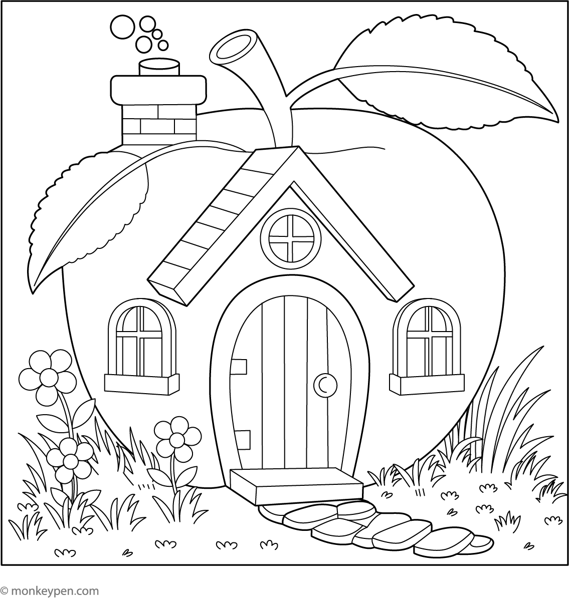 Free Printable Apple House Coloring Page for Kids