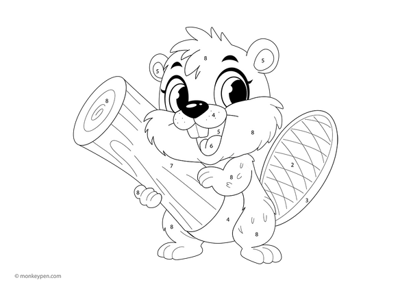 Free downloadable beaver color-by-number worksheet showing a cute woodland animal with numbered sections on its tail, paws, and fur—a creative activity that helps kids practice numbers and colors through fun.