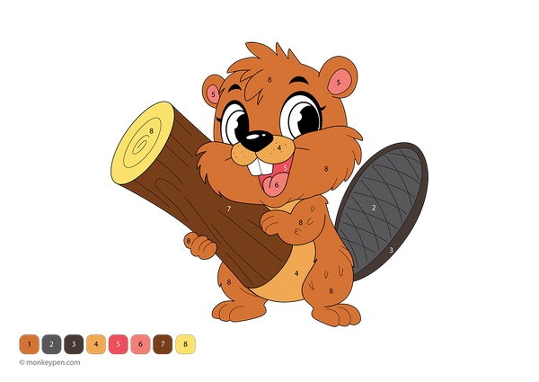 Free downloadable beaver color-by-number worksheet showing a cute woodland animal with numbered sections on its tail, paws, and fur—a creative activity that helps kids practice numbers and colors through fun.