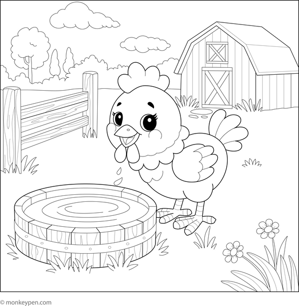 Chicken at Water Trough Coloring Page