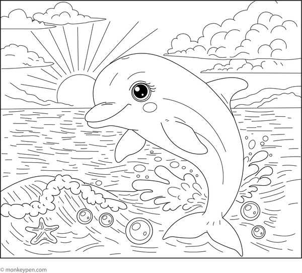 Dolphin and Tropical Island Coloring Page for Kids