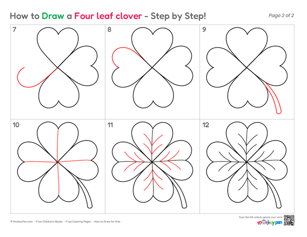 Step-by-step four-leaf clover illustration designed for colouring practice.