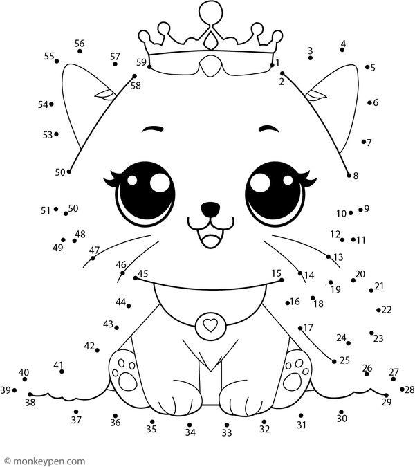 Printable dot to dot worksheet featuring a cartoon kitten with whiskers and playful features for children to connect and color.