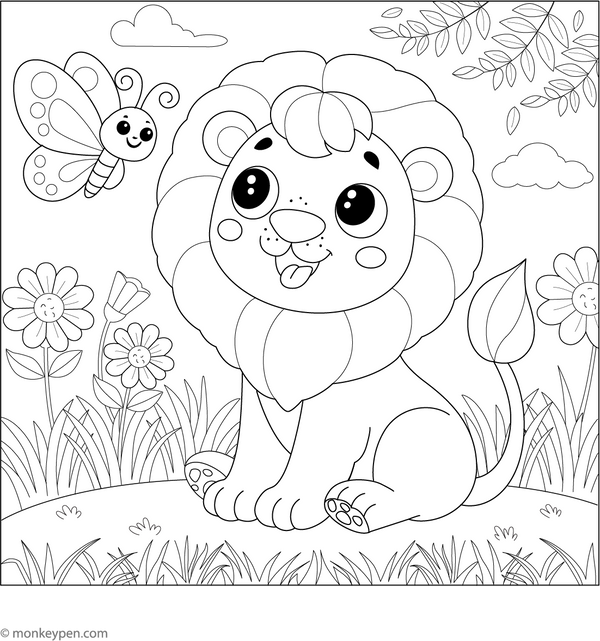 Lion and Butterfly Coloring Page