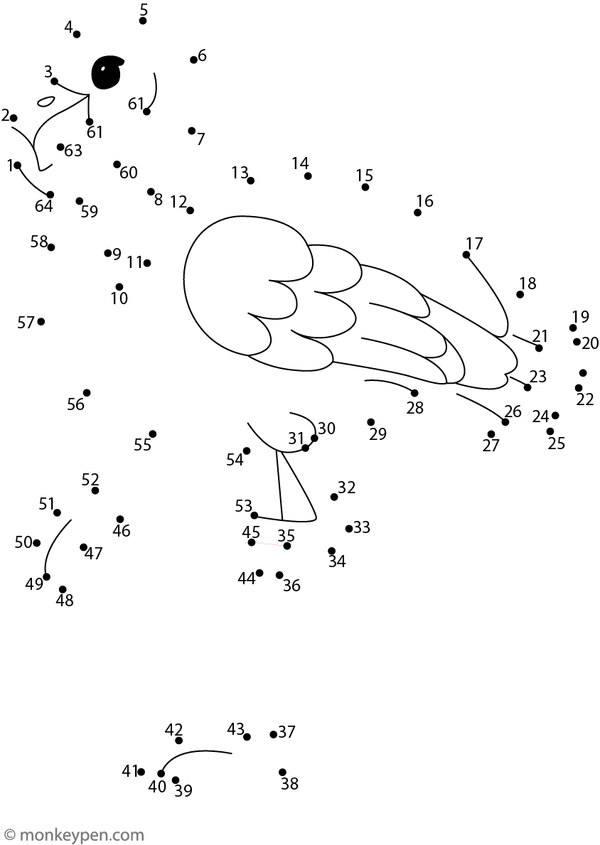 Printable dot-to-dot worksheet of a flamingo standing for children to connect and color.