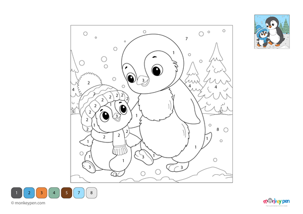 Color-by-number worksheet of a penguin with a scarf – free download for kids to color feathers, scarf, and snowy background.