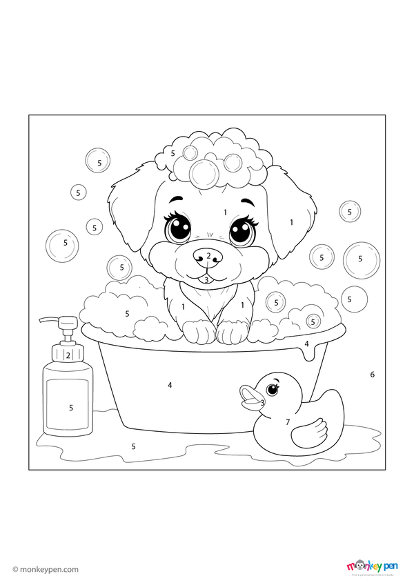 Color-by-number worksheet of a puppy bath time – free download for kids to color fur, bubbles, and fun bathroom scene.