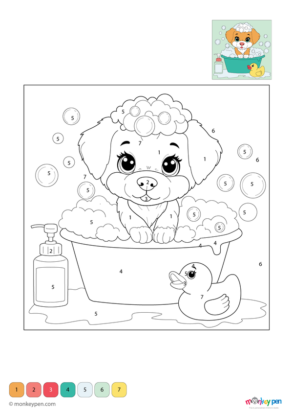 Color-by-number worksheet of a puppy bath time – free download for kids to color fur, bubbles, and fun bathroom scene.