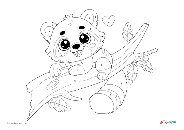 Color-by-number worksheet of a red panda – free download for kids to color red fur, striped tail, and forest leaves.