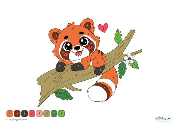 Color-by-number worksheet of a red panda – free download for kids to color red fur, striped tail, and forest leaves.