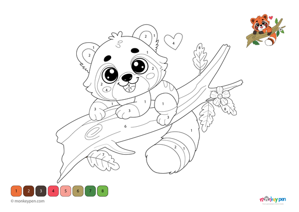 Color-by-number worksheet of a red panda – free download for kids to color red fur, striped tail, and forest leaves.