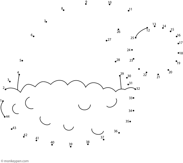 Dot-to-dot illustration revealing a Santa hat with a fluffy brim and pom-pom, designed for children to trace and color for Christmas.