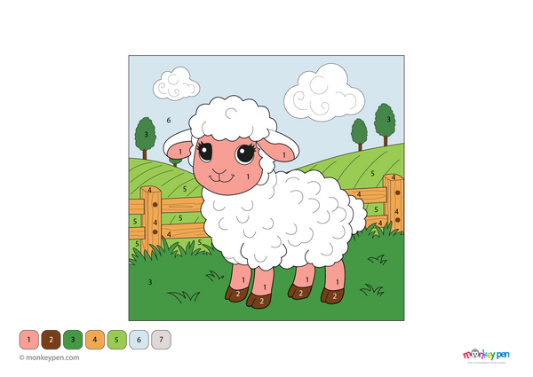 Color-by-number worksheet of a sheep in a pasture – free download for kids to color wool, grass, and peaceful farm background.
